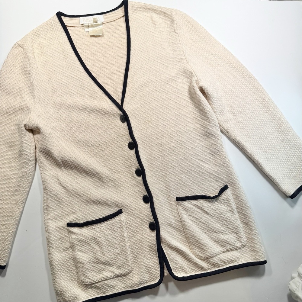 Vintage Escada Cotton Wool Silk Ivory Cardigan‎ Jacket Black Trim Size 40 M
